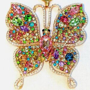 NWT Betsey Johnson Rhinestone Butterfly Necklace Pastels Pink Green